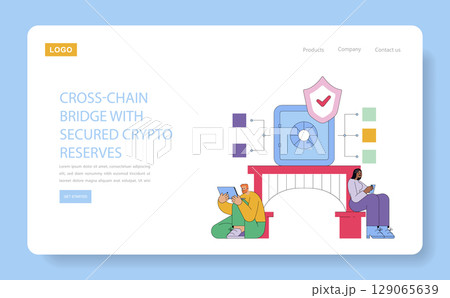Vector illustration showing two people using digital devices on a bridge symbolizing a cross-chain crypto platform with secure reserves. Eye-catching graphic design. 129065639