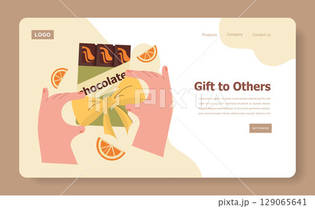 Hands holding a gift box with chocolate bars and orange slices in a vector illustration. Ideal for promoting gift products, celebrations, and festive occasions on a webpage layout. 129065641