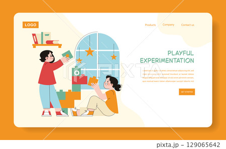 Preschool Education concept. Children engaging in creative play with colorful building blocks in a bright classroom setting. Interactive learning and cognitive development. Vector illustration. 129065642