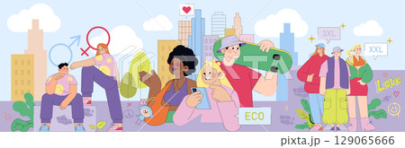 Vector illustration of a diverse group happily engaging in urban activities. Includes eco-friendly messages, body positivity, skateboarding, and social media interaction in the cityscape. Vector illustration of a diverse group happily engaging in urban activities. Includes eco-friendly messages, body positivity, skateboarding, and social media interaction in the cityscape. 129065666