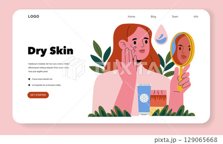 Woman examines her dry skin using a mirror in a vector illustration. Skincare products are displayed, highlighting skin concerns and treatments. Ideal for health and beauty content. 129065668