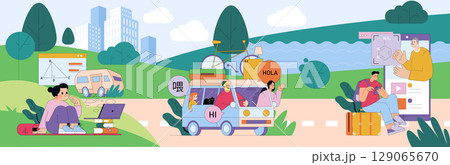 Vector illustration depicting online learning, global communication, and travel. People engage in remote education, international dialogue, and exploration, with expressions of curiosity and adventure 129065670