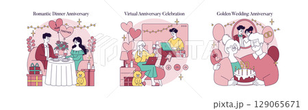 Set of vector illustrations depicting anniversary celebrations. Scenes include a romantic dinner, a virtual celebration, and a golden wedding anniversary. Each showcases unique themes and emotions of 129065671