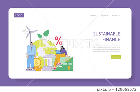 Vector illustration depicting sustainable finance with a wind turbine, green bonds, and a globe. A person is engaged with a laptop, emphasizing eco-friendly investments. 129065672