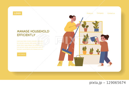 Vector illustration of a mother mopping the floor with a joyful expression, while a child happily waters plants. Emphasizes efficient household management and teamwork. 129065674