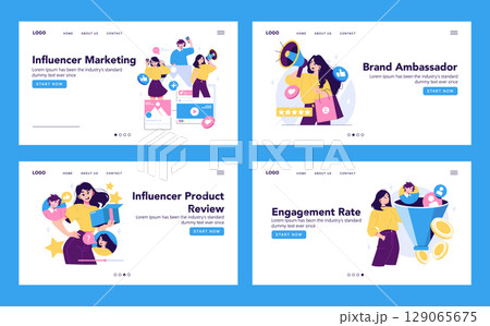 Vector illustration set showcasing influencer marketing concepts including social media engagement, brand ambassador roles, product reviews, and engagement rate analysis with animated characters. 129065675