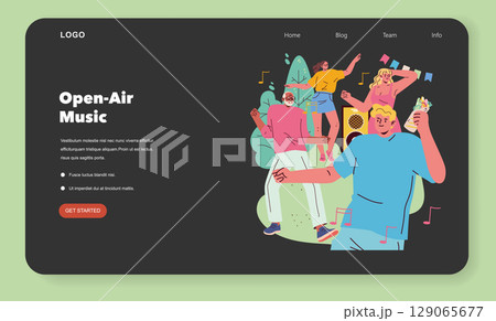 Vector illustration featuring a lively open-air music festival. People are dancing enthusiastically in a vibrant outdoor setting, expressing joy and excitement. Musical elements and decorations 129065677