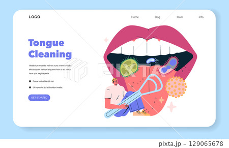 Vector illustration highlighting the importance of tongue cleaning. Features an open mouth with bacteria and a person holding a tongue scraper, promoting oral hygiene awareness. 129065678