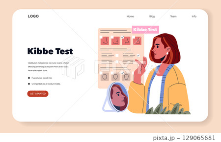 Kibbe Test interface concept. Woman conducts personal style analysis using online Kibbe Test on a web page layout. Vector illustration. 129065681