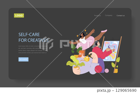 Vector illustration showcasing creative self-care activities. Features individuals engaging in painting, dancing, and gardening, promoting wellness and relaxation through art and nature. 129065690