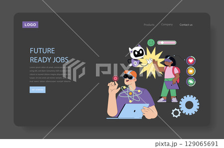 Vector illustration depicting a futuristic jobs scene with diverse people interacting with AI technology, capturing the essence of future work environments and innovation. 129065691