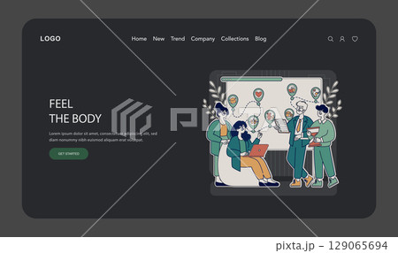 Milestone illustration representing a collaborative environment focused on wellness and health. Individuals engage with technology and ideas, sharing insights for a holistic approach to body awareness Milestone illustration representing a collaborative environment focused on wellness and health. Individuals engage with technology and ideas, sharing insights for a holistic approach to body awareness 129065694