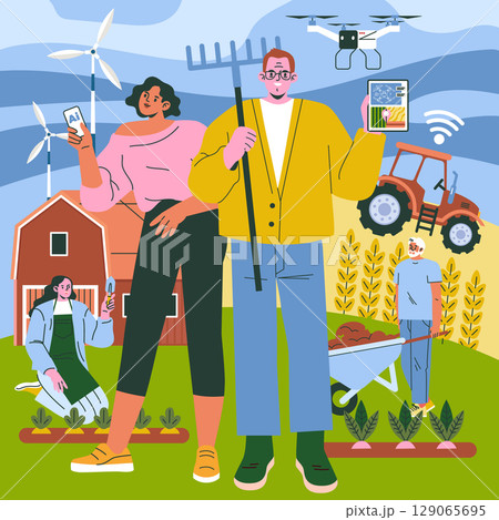 Vector illustration depicting farmers utilizing technology on a sustainable farm. Solar panels, wind turbines, and drones enhance farming while diverse activities unfold on the farmland. 129065695