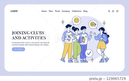 Vector illustration of a diverse group of friends engaging in club activities. They hold various items representing different interests, conveying a fun and inclusive atmosphere. 129065729
