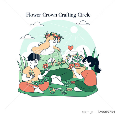 Three people enjoying a flower crown crafting circle, sharing smiles and joy as they create beautiful flower crowns together. Vector illustration with playful, colorful design. 129065734
