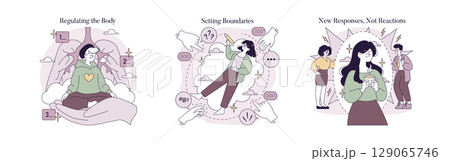 Vector illustration depicting emotional regulation and setting boundaries. It shows individuals practicing self-care, managing responses, and maintaining healthy emotional boundaries. Vector illustration depicting emotional regulation and setting boundaries. It shows individuals practicing self-care, managing responses, and maintaining healthy emotional boundaries. 129065746