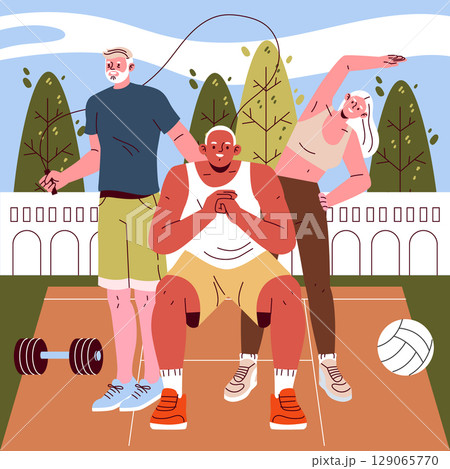Vector illustration of three people engaging in outdoor exercises. One person jumps rope, another squats, while a third stretches, promoting fitness and teamwork in a park setting. 129065770