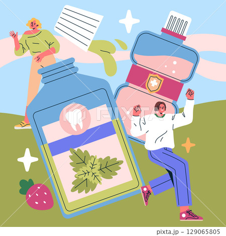 Vector illustration of vibrant dental care products with lively characters expressing joy. Includes toothpaste and mouthwash in an artistic presentation with cheerful individuals. Vector illustration of vibrant dental care products with lively characters expressing joy. Includes toothpaste and mouthwash in an artistic presentation with cheerful individuals. 129065805