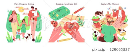 Illustrated family enjoying outdoor activities with a picnic and bonding moments. Parents with children and dog plan a surprise outing, create handmade gifts, and capture memories in vector style. Illustrated family enjoying outdoor activities with a picnic and bonding moments. Parents with children and dog plan a surprise outing, create handmade gifts, and capture memories in vector style. 129065827