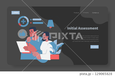 Young couple reviewing initial assessment on a tablet. The vector illustration shows them expressing interest and collaboration, with elements like charts and icons in the background. 129065828