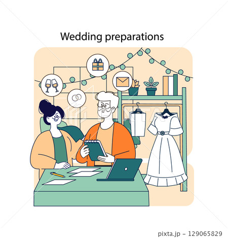 Wedding preparations concept. A couple organizes their upcoming celebration, choosing invitations and decorations in a cozy home office. 129065829