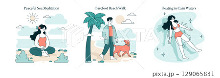 Set of three vector illustrations showcasing beach relaxation. Includes meditating by the sea, enjoying a beachfront walk with a dog, and floating calmly in tranquil waters. 129065831