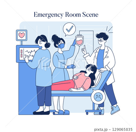 This illustration presents an emergency room scene with healthcare professionals attending to a patient. Nurses and doctors work collaboratively to provide urgent care, emphasizing teamwork and 129065835