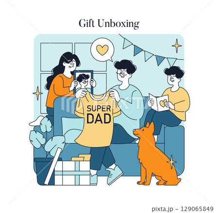 Family gathered on sofa unboxing gifts joyfully, featuring a dog. Father holds "Super Dad" shirt, while others share smiles and cards. Vector illustration capturing warmth. Family gathered on sofa unboxing gifts joyfully, featuring a dog. Father holds "Super Dad" shirt, while others share smiles and cards. Vector illustration capturing warmth. 129065849