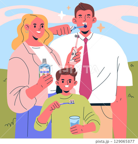 Family practicing oral hygiene together, each using different dental care products like toothbrushes and mouthwash. Vector illustration showing healthy habits and unity in dental care. 129065877