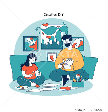 Family bonding through crafting indoors; father and daughter enjoy creating art projects at home together in a cozy setting. 129065898