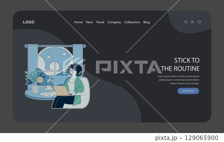 Vector illustration of a woman working on a laptop in a cozy home space, glancing outside through a window, conveying a sense of calm and concentration, with soothing surroundings. Vector illustration of a woman working on a laptop in a cozy home space, glancing outside through a window, conveying a sense of calm and concentration, with soothing surroundings. 129065900