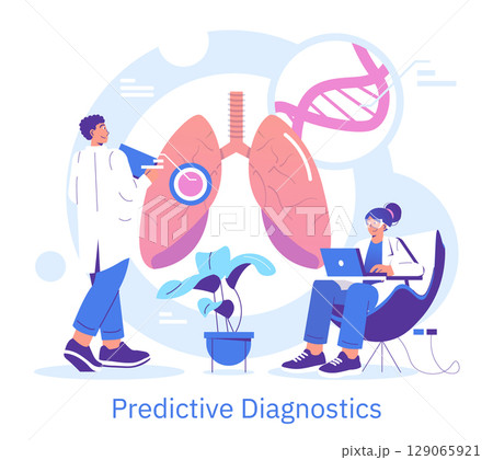 Vector illustration depicting a medical professional using advanced predictive diagnostics to analyze lung health and genetic information. Highlights collaborative efforts in modern medicine. 129065921