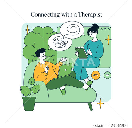 Vector illustration of a person engaging in an online therapy session with a therapist. The session includes a laptop and a notebook, emphasizing mental health and virtual communication. Vector illustration of a person engaging in an online therapy session with a therapist. The session includes a laptop and a notebook, emphasizing mental health and virtual communication. 129065922