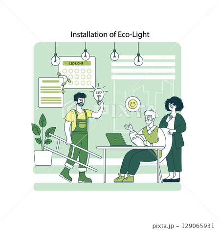 Vector illustration of a professional installing eco-friendly LED lights. The scene shows teamwork with three people, positive expressions, and an emphasis on sustainability. 129065931