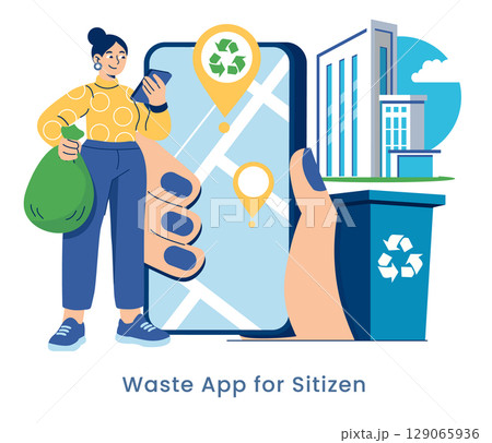 Smart waste management concept. A woman uses a mobile app to locate recycling points, promoting eco-friendly urban living. Smart waste management concept. A woman uses a mobile app to locate recycling points, promoting eco-friendly urban living. 129065936