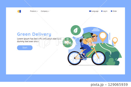 Future Of Delivery concept. Eco-friendly courier riding bicycle with map route navigation, sustainability icon, and parcel bag promoting clean transportation and green logistics solutions. Vector Future Of Delivery concept. Eco-friendly courier riding bicycle with map route navigation, sustainability icon, and parcel bag promoting clean transportation and green logistics solutions. Vector 129065939