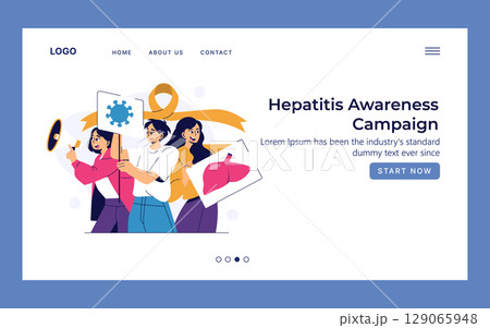 Vector illustration of people holding signs promoting hepatitis awareness. Includes virus and liver symbols with supportive ribbon. Engaged expressions emphasize advocacy and health education. 129065948