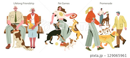Vector illustration of three scenes: an elderly couple sitting on a bench with dogs, a young person playing with dogs, and a group walking dogs. Captures joyful human-animal interactions. 129065961