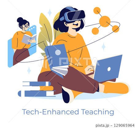 Vector illustration of a person using a VR headset for virtual learning. Surrounded by digital books and a laptop, the scene highlights innovative and engaging e-learning methods. 129065964