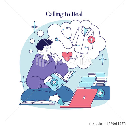 Healthcare journey representation, illustrating a thoughtful individual considering a future in medicine. Books and digital devices symbolize education in the healing profession, capturing ambition 129065973