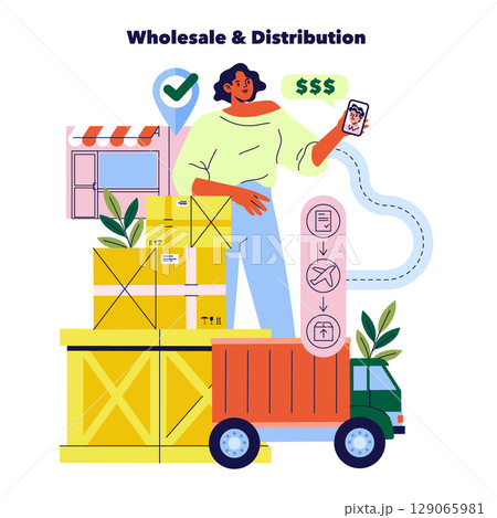 Vector illustration of a woman involved in wholesale distribution with a mobile phone, boxes, and delivery truck. Conceptualizes logistics, commerce, and efficient supply chain management. Vector illustration of a woman involved in wholesale distribution with a mobile phone, boxes, and delivery truck. Conceptualizes logistics, commerce, and efficient supply chain management. 129065981