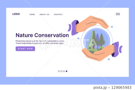Nature conservation vector illustration featuring hands protecting a forest landscape inside a glass sphere. Emphasizes sustainability, wildlife preservation, and responsible tourism. 129065983