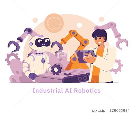 AI in industry shapes manufacturing efficiency and innovation. A technician collaborates with robots to optimize production processes, showcasing the future of smart technology integration. Vector AI in industry shapes manufacturing efficiency and innovation. A technician collaborates with robots to optimize production processes, showcasing the future of smart technology integration. Vector 129065984