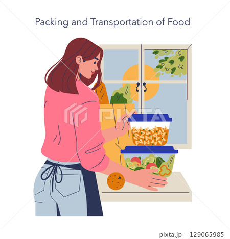 Vector illustration of a woman organizing and packing food into containers in a kitchen setting. She carefully places lids on the containers, readying them for transportation. Vector illustration of a woman organizing and packing food into containers in a kitchen setting. She carefully places lids on the containers, readying them for transportation. 129065985