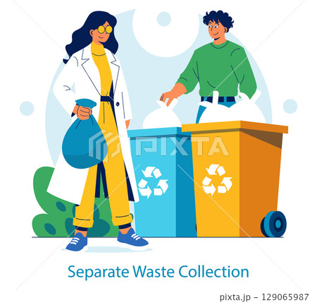 Vector illustration of two people practicing waste separation. One holds a bag while the other sorts trash into colored recycling bins with recycle symbols, promoting environmental responsibility. 129065987