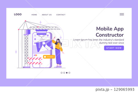 Vector illustration depicting a woman interacting with an interface for building a mobile app. The scene includes cranes and elements suggesting app construction and design. 129065993