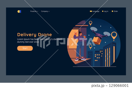 Future Of Delivery concept. Drone flies through the city night sky carrying a package for a smiling woman waiting on her balcony. Urban innovation meets fast contactless parcel service. Vector Future Of Delivery concept. Drone flies through the city night sky carrying a package for a smiling woman waiting on her balcony. Urban innovation meets fast contactless parcel service. Vector 129066001