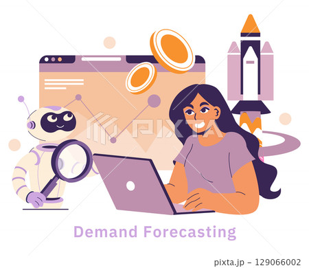 AI in logistics enhances demand forecasting by combining data analysis with automation. This illustration shows a user and a robot collaborating for precise insights and future planning. AI in logistics enhances demand forecasting by combining data analysis with automation. This illustration shows a user and a robot collaborating for precise insights and future planning. 129066002