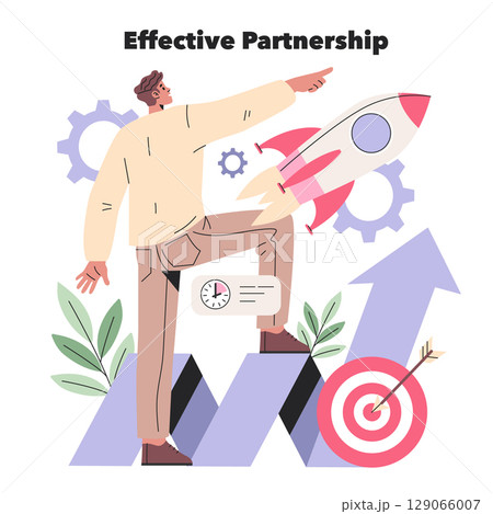 Vector illustration of a person pointing forward, symbolizing an effective partnership leading to success. Features growth icons like a rocket, target, and arrow to represent progress and achievement. Vector illustration of a person pointing forward, symbolizing an effective partnership leading to success. Features growth icons like a rocket, target, and arrow to represent progress and achievement. 129066007