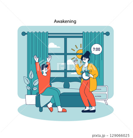 Morning routine concept. Cheerful family waking up together in a cozy room, sharing a joyful morning moment as the sun shines in. Morning routine concept. Cheerful family waking up together in a cozy room, sharing a joyful morning moment as the sun shines in. 129066025